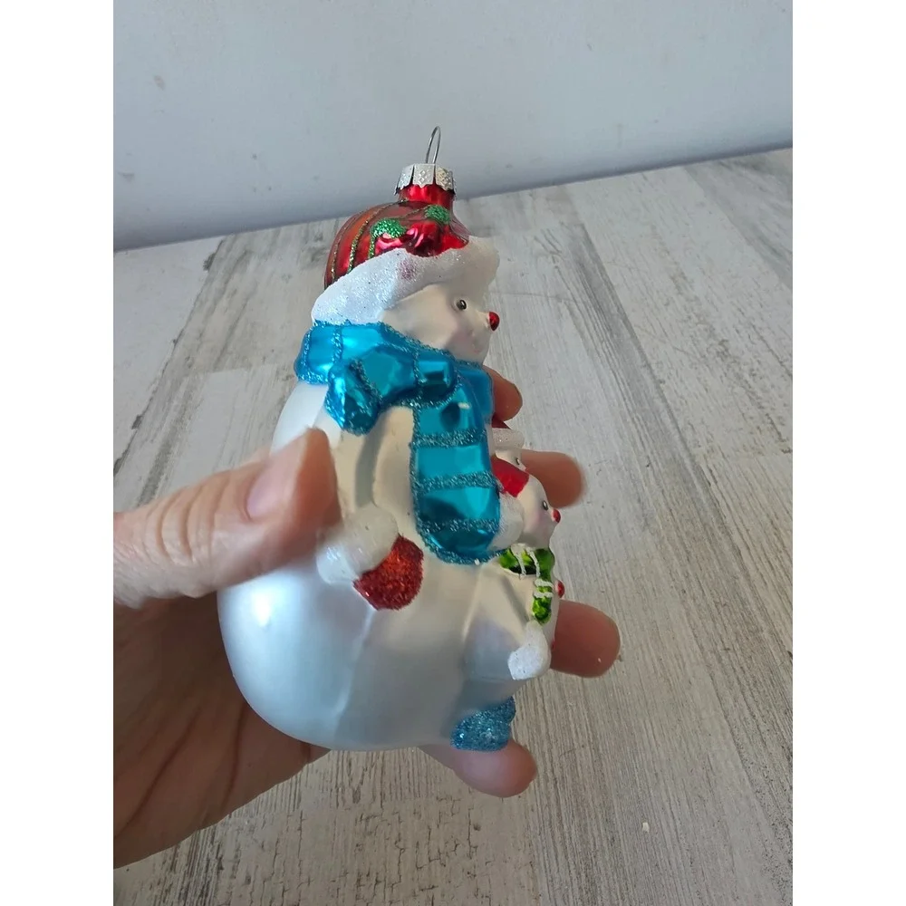 Vintage glass snowman family glitter‎ ornament Xmas tree blue red white